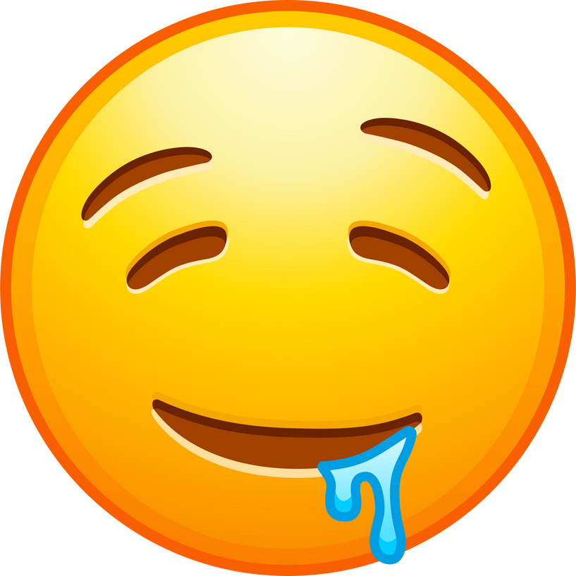 Top quality emoticon. Drooling emoji. Emoticon with saliva from mouth corner. Yellow face emoji. Popular element.